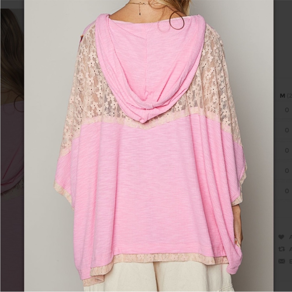 NEW POL Pink Blush Oversized Peace Sign Floral Mixed Media V-Neck Hoodie Top S - Picture 4 of 9